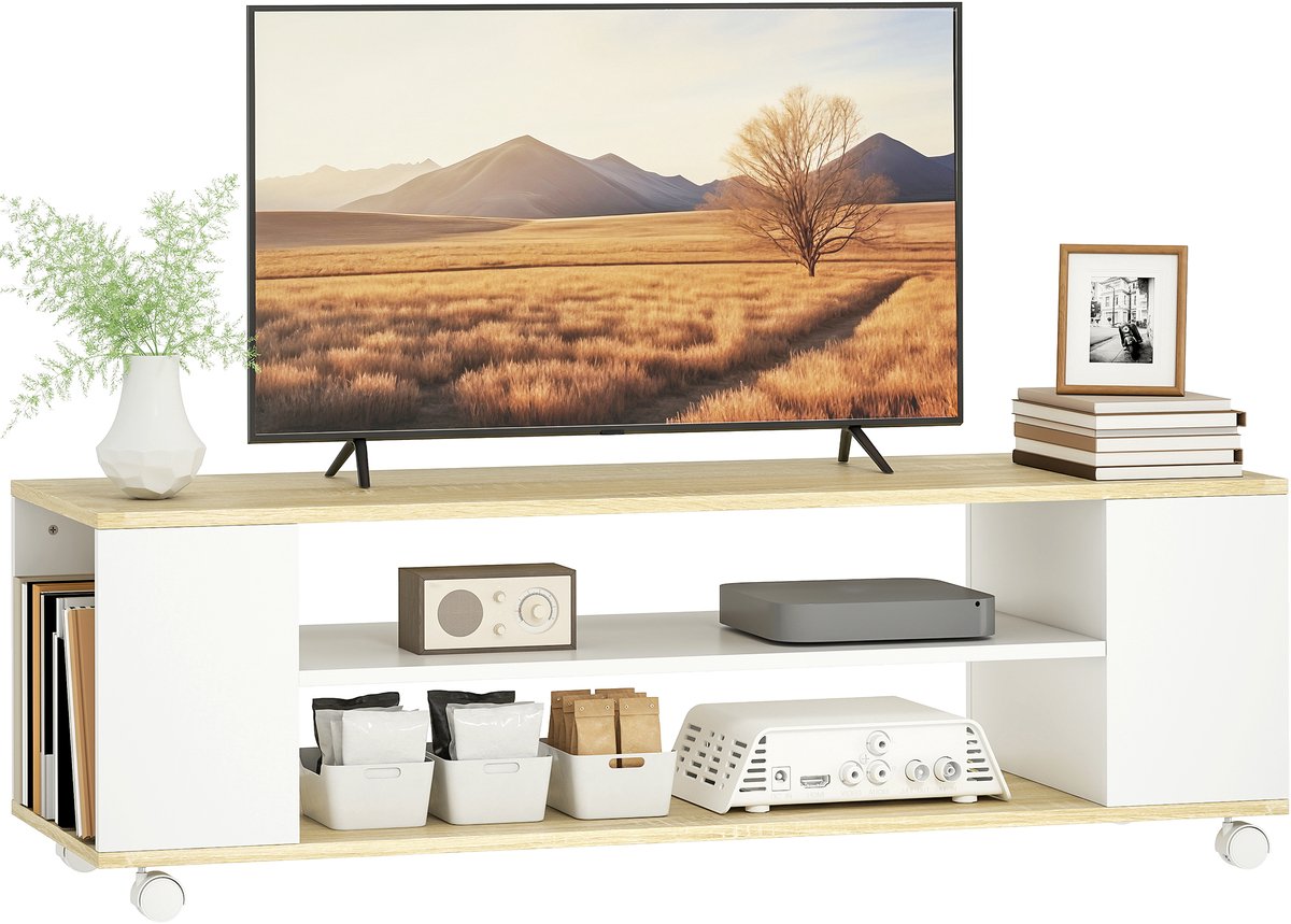 ECTEATOY® Zwevend TV-Meubel - TV-Kast op Wielen - Voor TV's tot 55 Inch - Met 2 Open Planken en 2 Kastjes - 120x40x38,5 cm - Wit