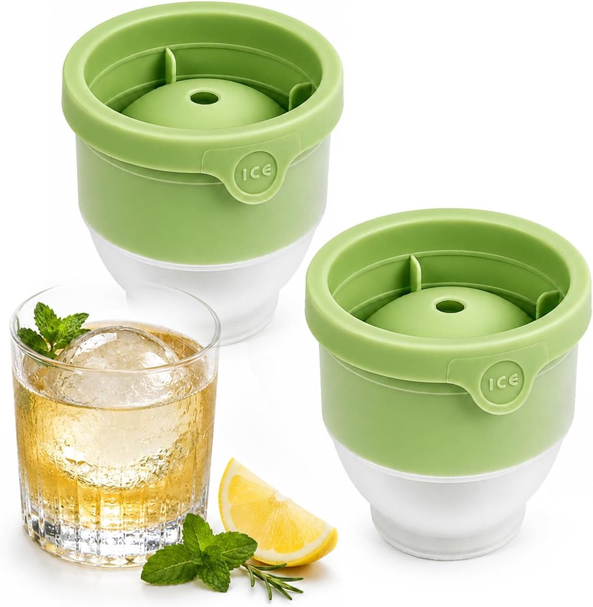Set van 2 ijsblokjesvormen met deksel, grote ronde ijsbolvormen van 6 cm, geschikt voor whisky, cocktails en andere dranken, stapelbare en herbruikbare siliconen ijsblokjesvormen, geschikt voor de vriezer(groen)