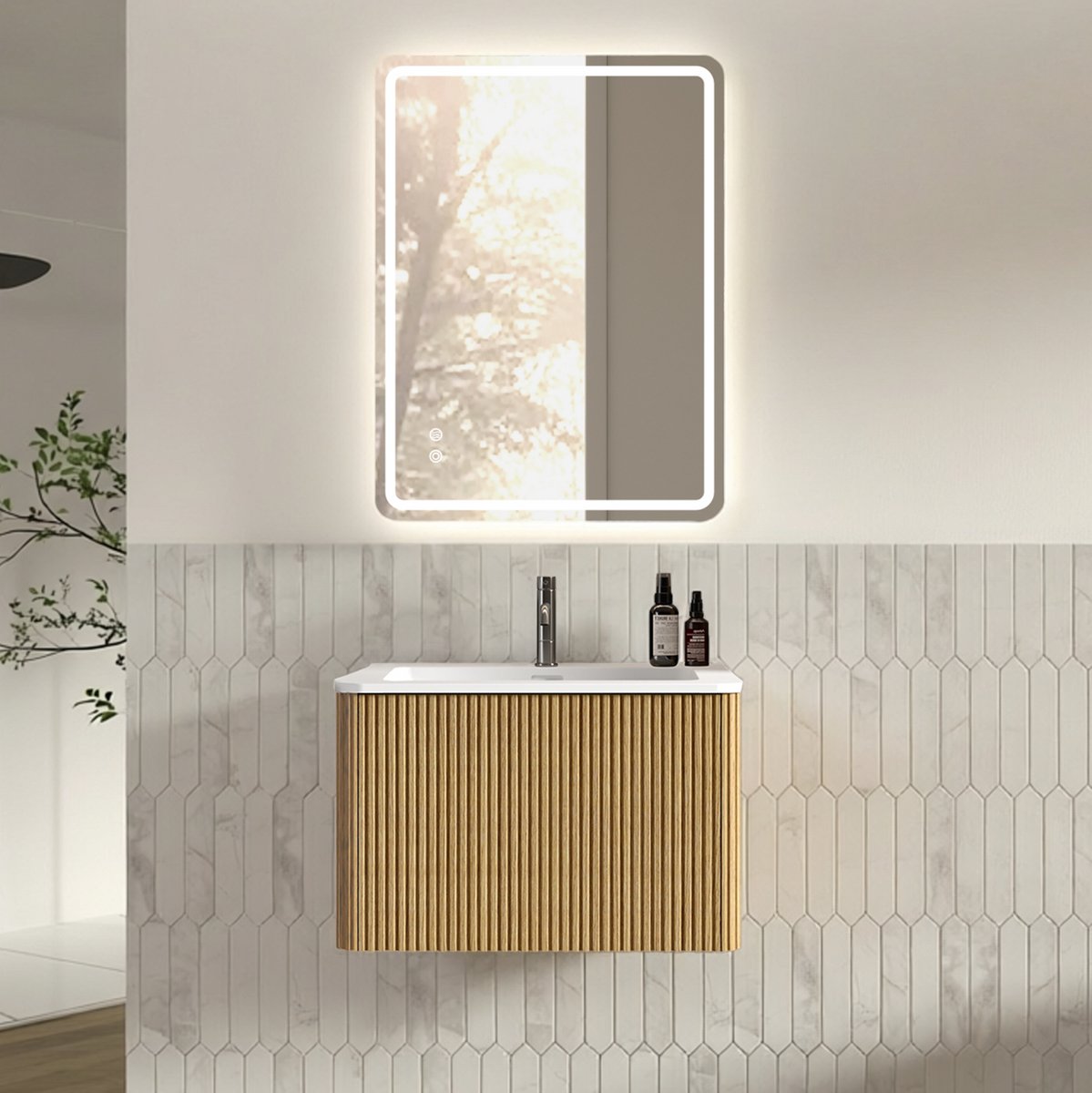 OKWISH Badmeubelset Met Spiegel LED Wandmontage Vormontage Een Lade Stijlvolle Opbergruimte Eiken 60 Cm