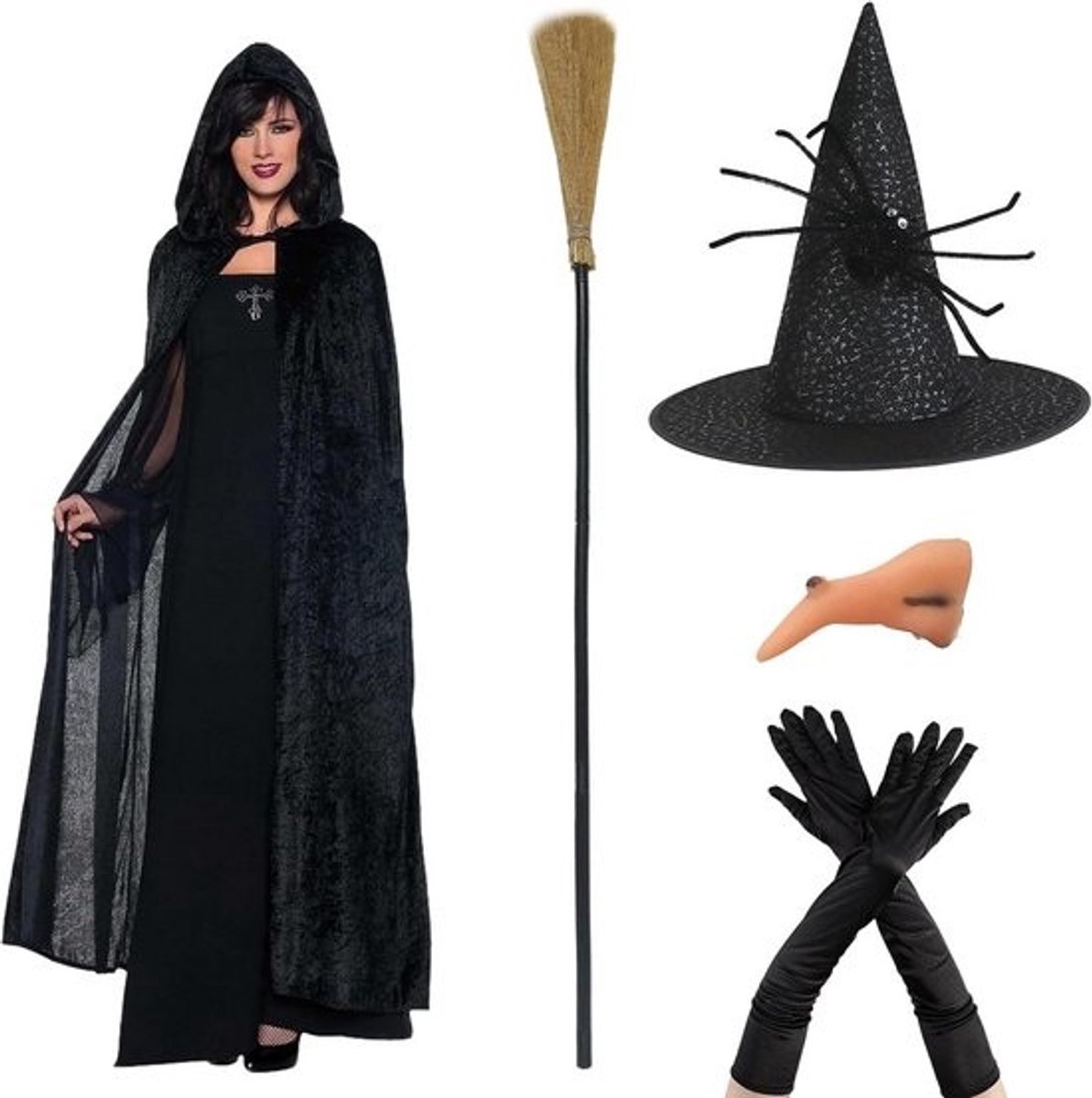 Sexy Heks Kostuum voor Vrouwen | Zwarte Mantel met Hoed, Handschoenen en Bezem | Perfect voor Halloween Cosplay en Feesten