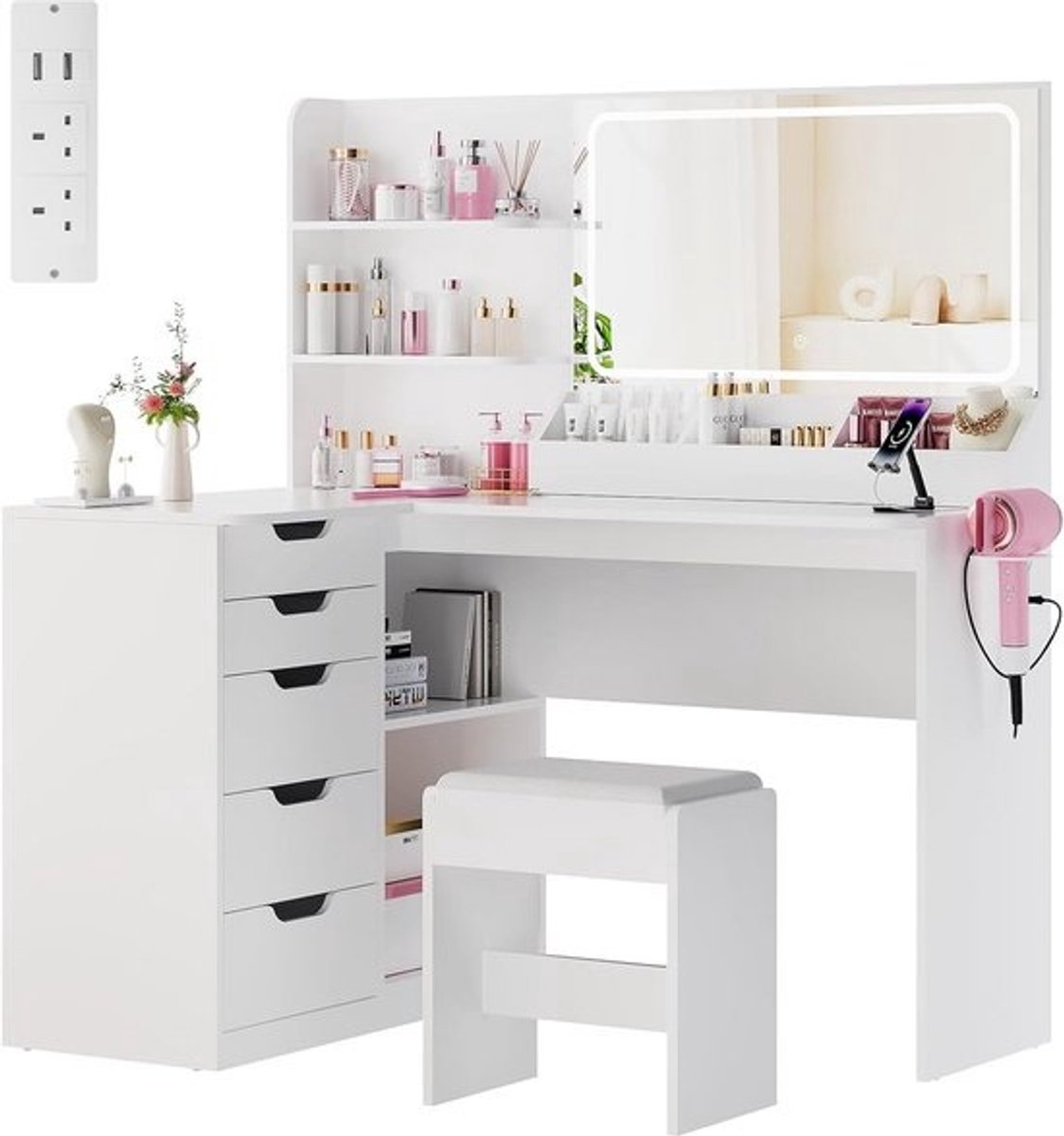 Ruime Dressing Table met Spiegel en LED Verlichting - Hoek Makeup Tafel met 5 Lades