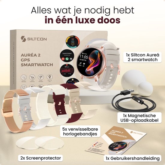 Luxe doos met gouden Siltcon Auréa 2 smartwatch, 5 verwisselbare bandjes, USB-oplaadkabel en gebruikershandleiding.