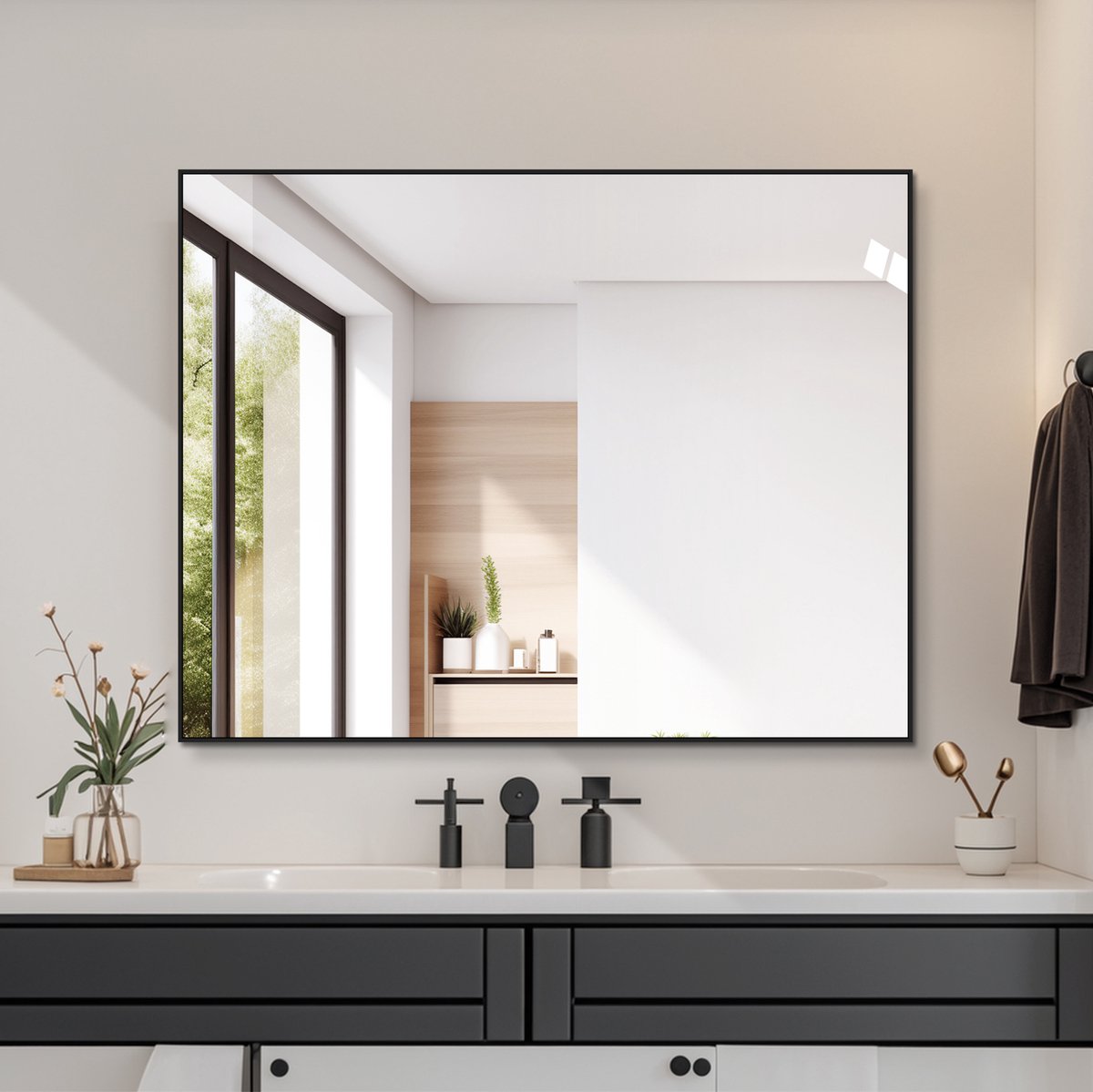 MODFU - Badkamerspiegel - Rechthoek - Zwart Aluminium Frame - Modern - 70x90 Cm