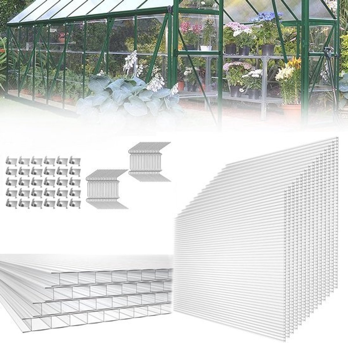 Dubbelwandige polycarbonaat platen 4 mm - Transparante holle kamerplaten voor broeikassen en tuin, 14 stuks, 10,25 m²