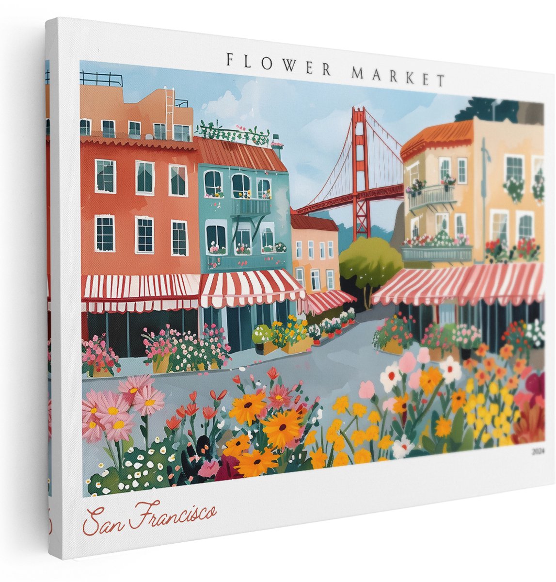 Artaza Canvas Schilderij San Francisco - 160x120 cm - Groot - Wanddecoratie Kleurrijke Bloemen - Muurdecoratie Golden Gate Bridge - Schilderijen Op Canvas