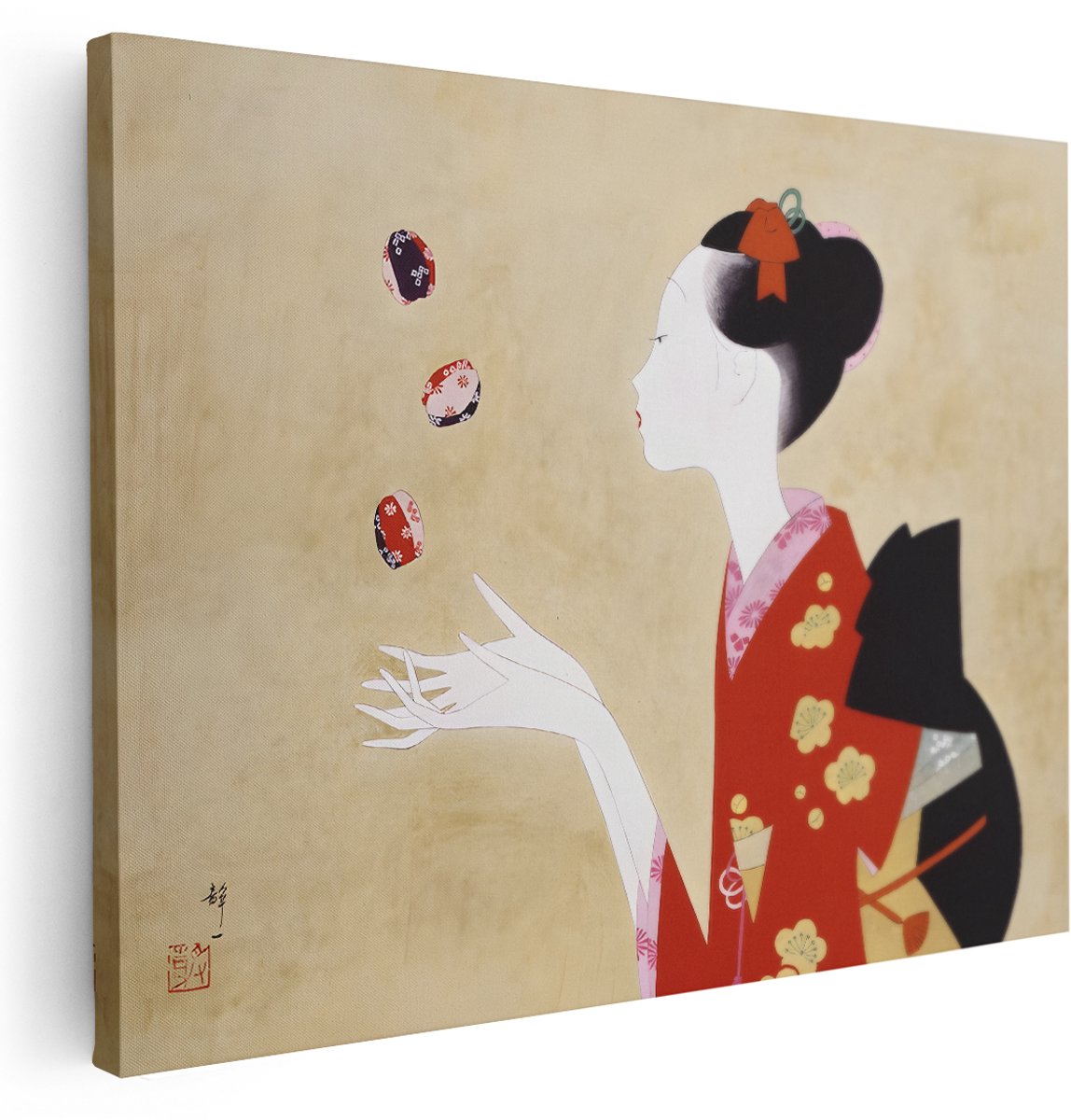 Artaza Canvas Schilderij Geisha - 160x120 cm - Groot - Wanddecoratie Japandi - Muurdecoratie Bloesem - Schilderij Japan - Decoratie Vrouw