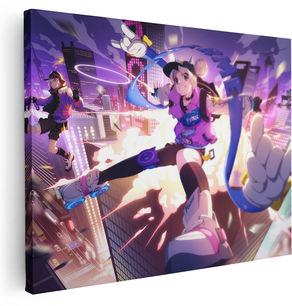 Artaza Canvas Schilderij Anime - 160x120 cm - Groot - Wanddecoratie Skyline Stad - Muurdecoratie Jongenskamer - Kamer Accessoires Rolschaatsen