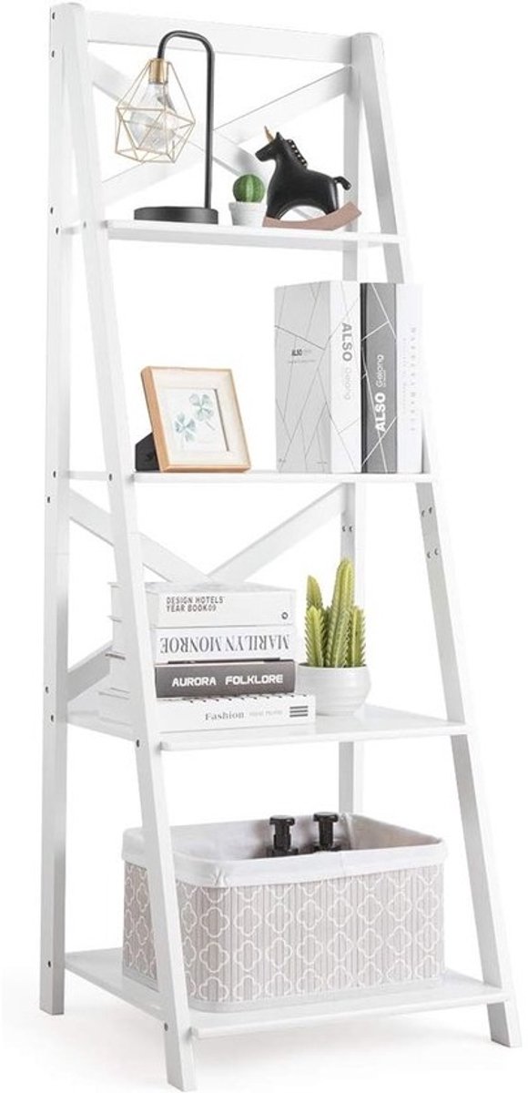 Houten Ladderkast met 4 Planken - Multifunctionele Boekenkast & Opbergrek voor Woonkamer, Keuken of Badkamer
