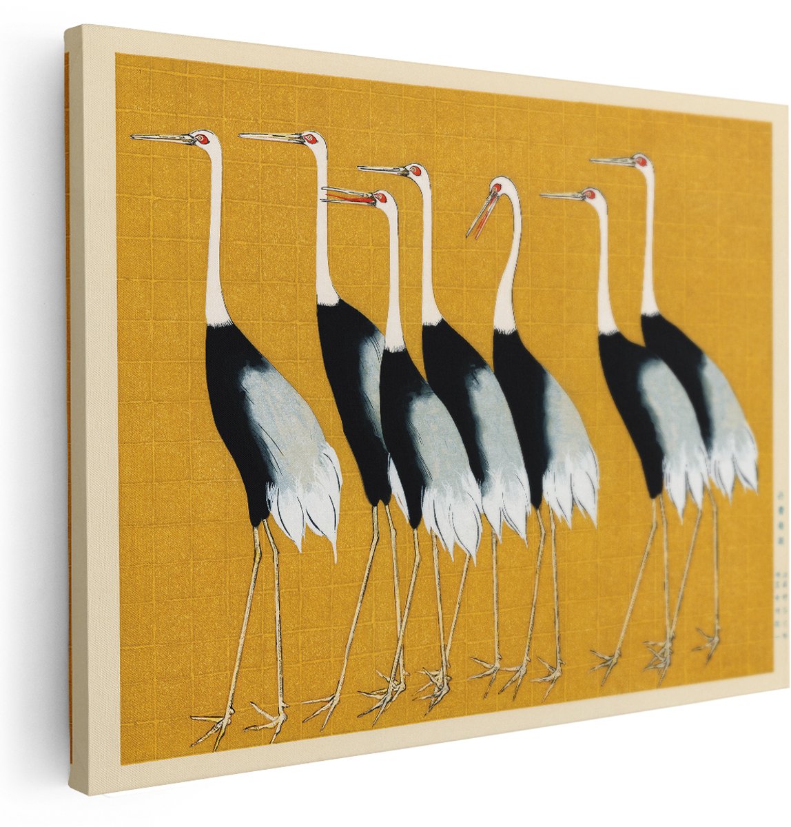 Artaza Canvas Schilderij Japandi Kraanvogels - 160x120 cm - Groot - Wanddecoratie Vogels - Muurdecoratie Goud - Kamer Accessoires Vintage Dieren