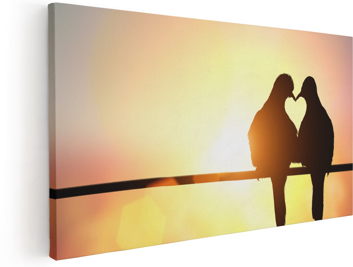 Artaza Canvas Schilderij Twee Silhouet Vogels In Een Hart Vorm - 180x90 cm - Groot - Wanddecoratie Woonkamer - Schilderijen - Muurdecoratie