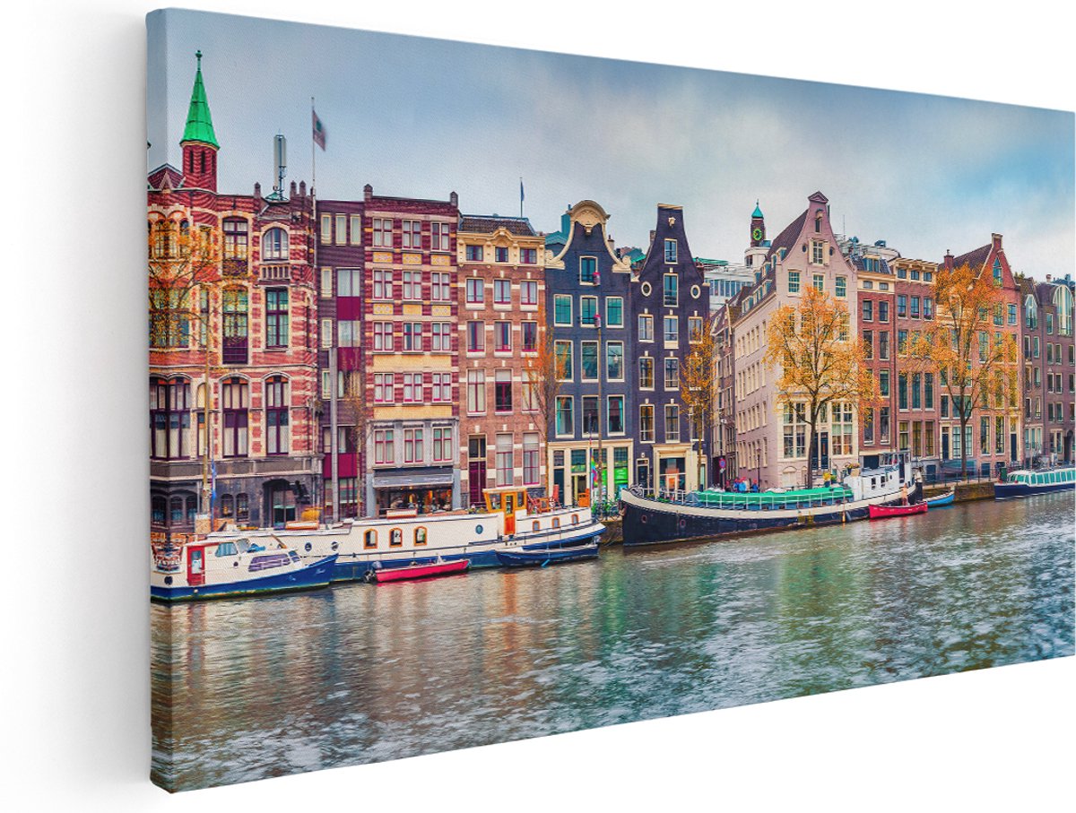 Artaza Canvas Schilderij Amsterdamse Huisjes Vanaf De Gracht - 180x90 cm - Groot - Wanddecoratie Woonkamer - Schilderijen - Muurdecoratie