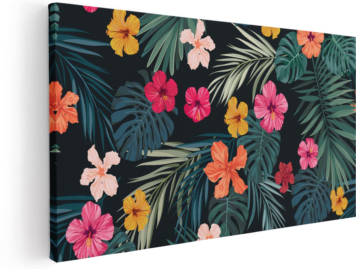Artaza Canvas Schilderij Getekende Tropische Bloemen - Abstract - 180x90 cm - Groot - Wanddecoratie Woonkamer - Schilderijen - Muurdecoratie