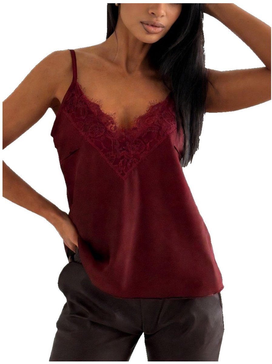 Currero Top Met Kant Dames - Topje - Kleding - Shirt - Blouse - Kort - Volwassen - Bordeauxrood