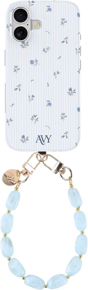 AVY Hoesje Met Telefoonkoord | Geschikt voor Apple iPhone 17 | Compatibel met MagSafe & Qi2 | Hard Shell Back Cover | Stijlvol Bijpassend Koord Polsbandje (32CM) | Sky Blossom