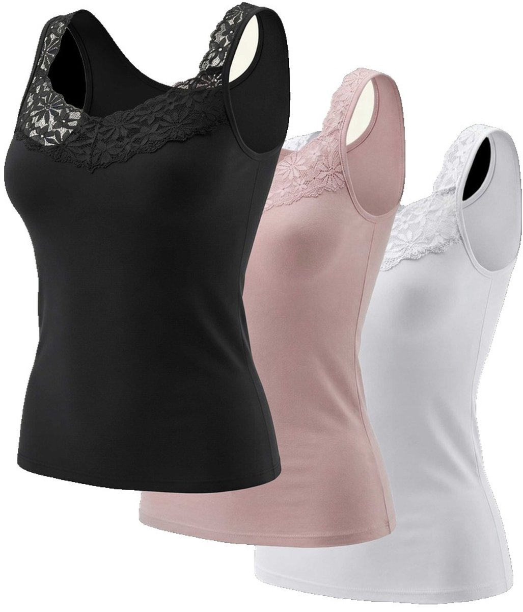Currero Top Met Kant Dames - Topje - Kleding - Shirt - Blouse - Kort - Volwassen - Black + White + Pink...