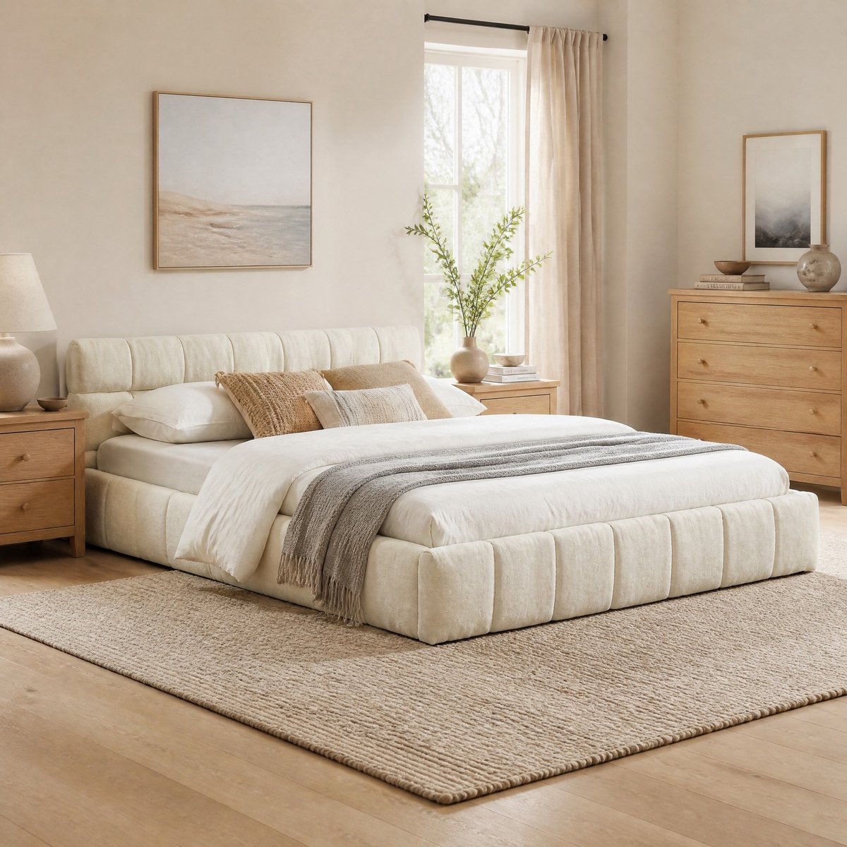 REDOM - Tweepersoonsbed - Chenille bekleding met vierkant stiksel - Lattenbodem met ijzeren frame - Zonder matras - Moderne stijl - Slaapkamer - Hout en metaal - Beige - 140 x 200 cm