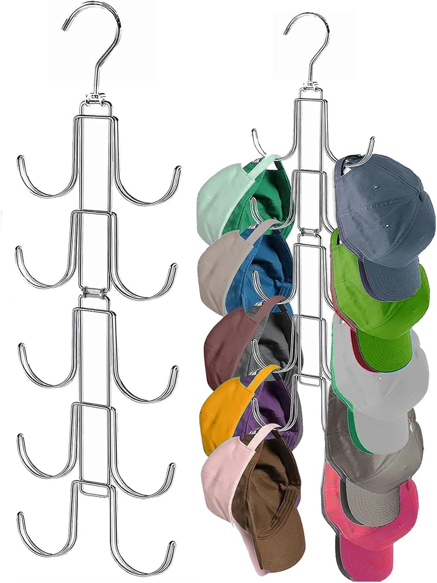 Bobypet - Kledingrek - Metalen hoedenrek 2-delige set - Inklapbaar Hoedenrek met 10 Draaibare Haken - Ruimtebesparend - Hoedenhanger voor presentatie, opslag en kastorganisatie
