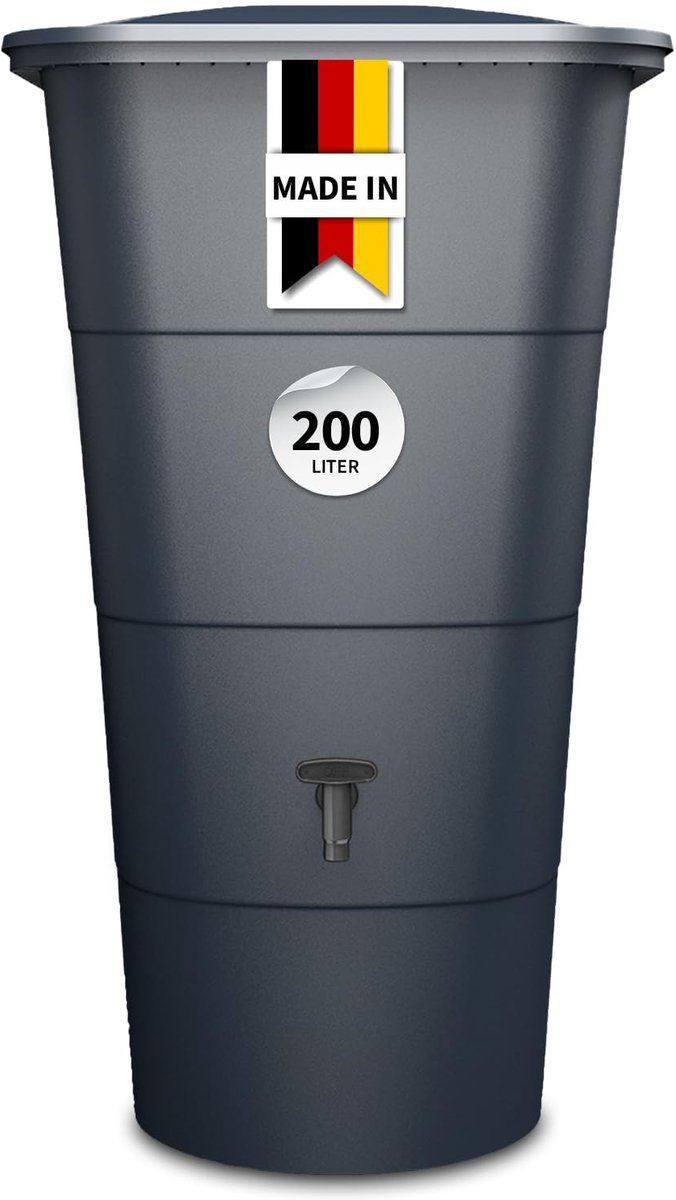 Famanu – Regenton hoekig van 200 L in graphite grey, inclusief deksel en kraan, ideaal voor het opvangen van regenwater