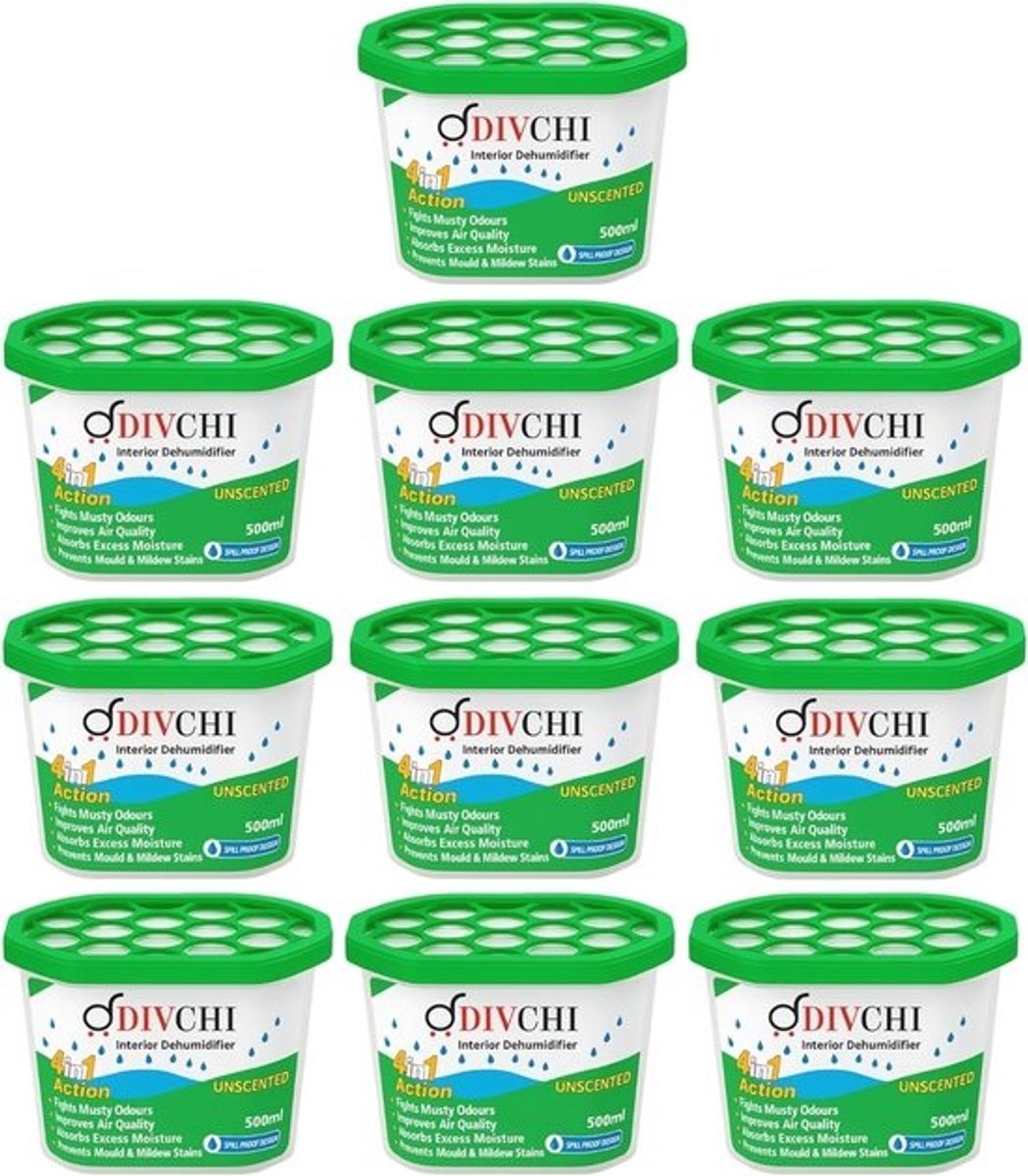 DIVCHI Set van 10 x 500 ml Interieur Luchtontvochtigers - voor Stop Vocht, Schimmel, Schimmel, Condensatie Vochtabsorberende Remover in Thuis Keuken Garage Slaapkamer Caravan Kantoor Garage Badkamer