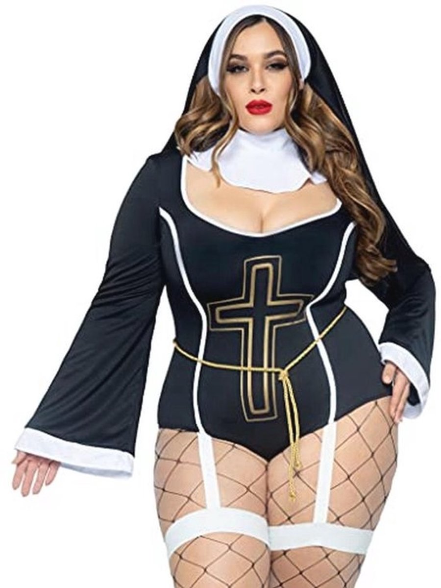 4-delig zusterkostuum voor dames met bodysuit, riem, kraag en hoofdstuk in zwart/wit