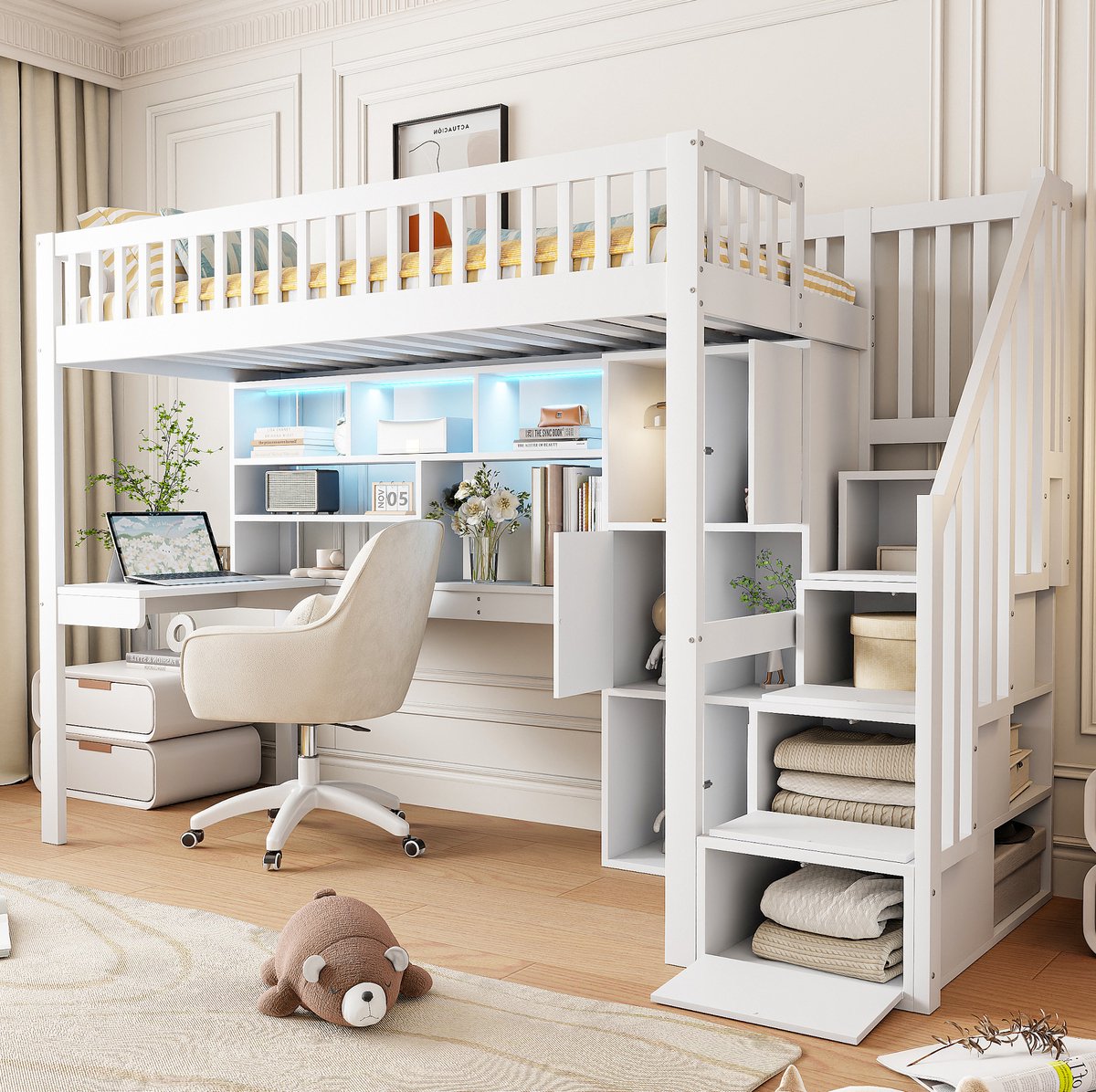 Wishdor Hoogslaper 90x200 cm - Ledverlichting - Bureau en opbergruimte - Met trap en planken - Voor kinderkamer - Hout en MDF - Wit