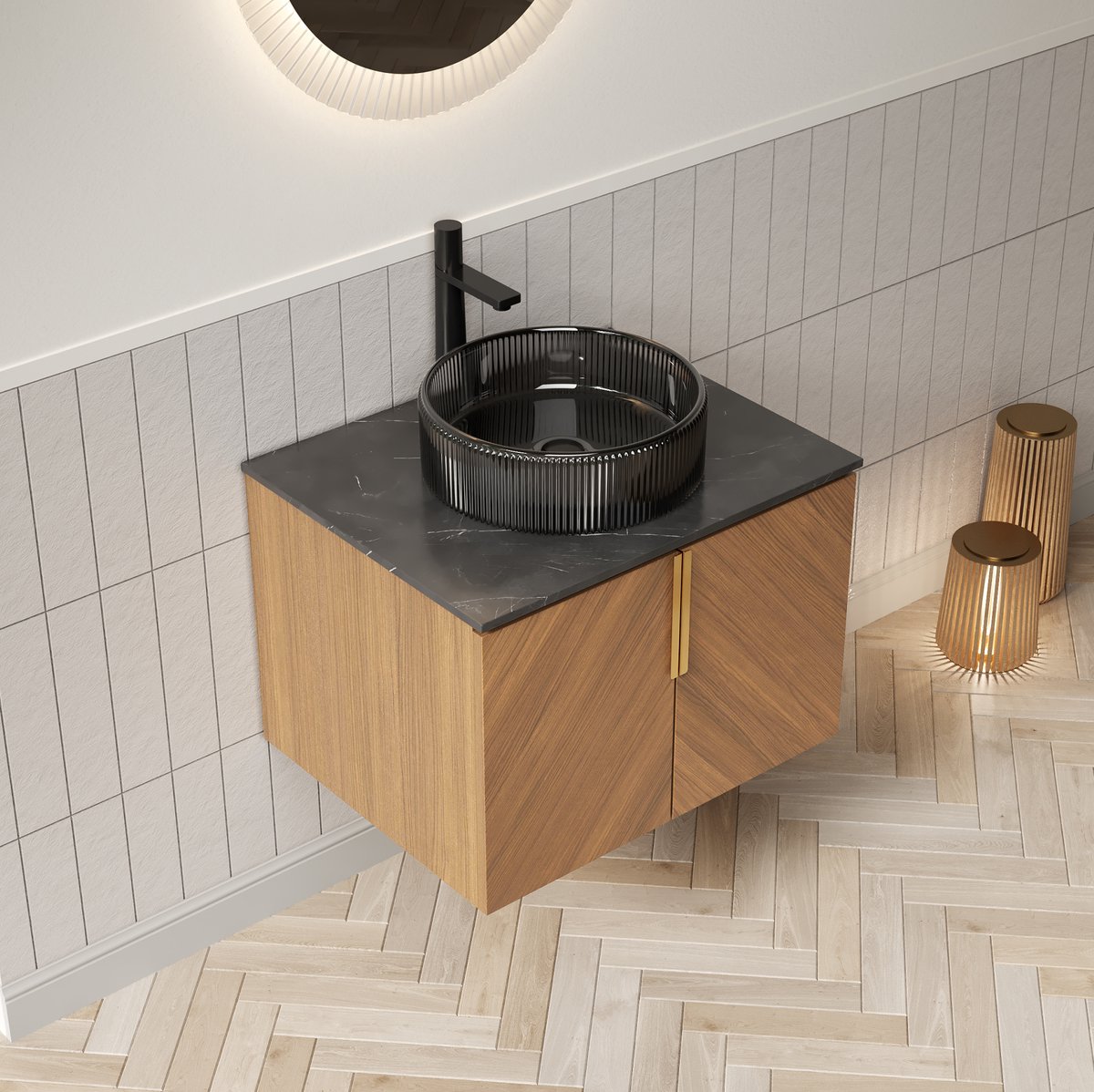 HAUSS SPOLE Badkamerkast - Wandhangend Wastafelmeubel Met Zwarte Glazen Waskom En 2 Deuren - Voor Badkamer - Bruin Eiken 61x50x52,6 Cm