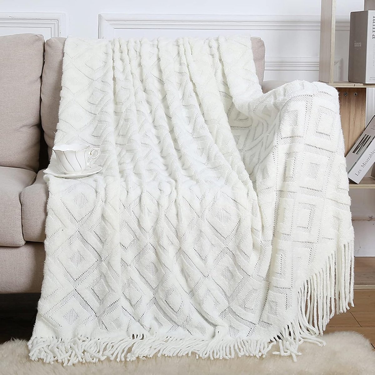 Gebreide deken met franjes en kwastjes, effen, jacquard, ruitpatroon, licht, zacht, decoratieve deken voor bank, bed, bank, 230 x 130 cm