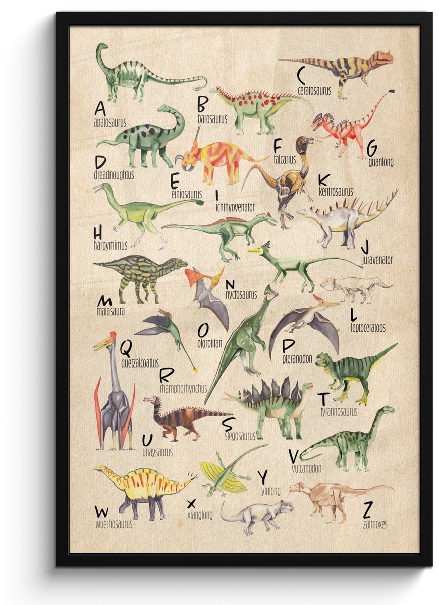 Poster in lijst jongenskamer - Poster dino - Dino schilderij - Alfabet - Dino - Dinosaurus - Educatief - Retro - 80x120 cm