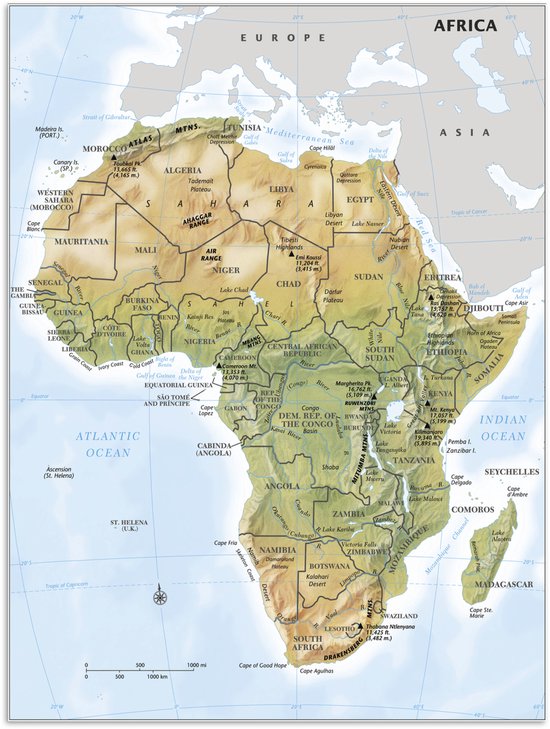 Poster 60x80 cm - Kaart van Afrika geografisch - Posters - Kamer decoratie - Wanddecoratie woonkamer - Muurdecoratie slaapkamer