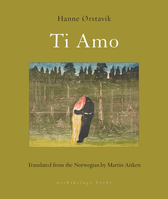 Boek 'Ti Amo' met op de omslag een schilderij van twee omhelzende figuren voor een boslandschap.