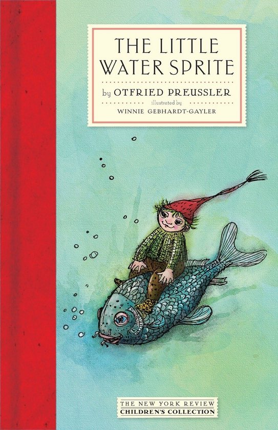 Boekillustratie van een kleine watergeest met een rode puntmuts die op een grote zilveren vis rijdt. Titel: THE LITTLE WATER SPRITE.