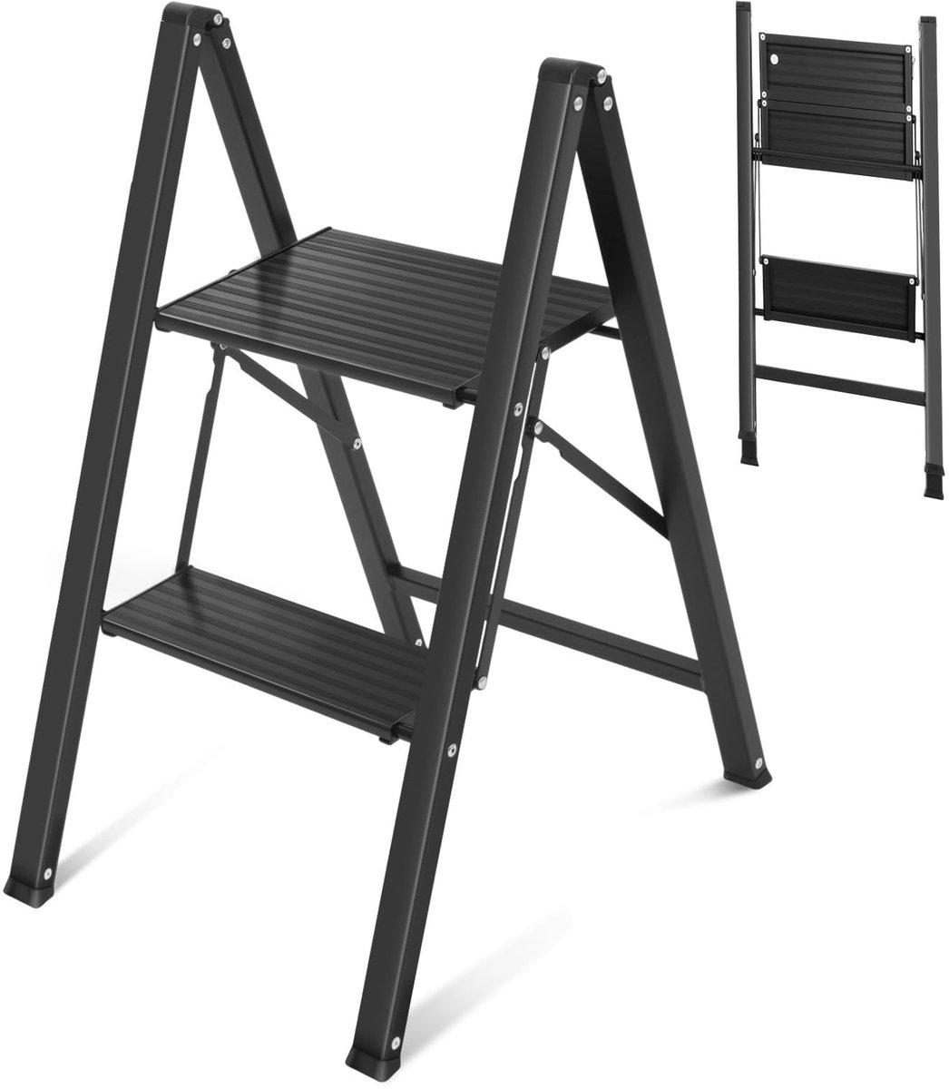 Dailygoods- Trapladder 2 Treden - Robuust Stalen Frame - Antislip Aluminium Treden - Lichtgewicht Vouwtrap - Belastbaar tot 150 kg - Gecertificeerd TÜV/SGS - Vouwladder