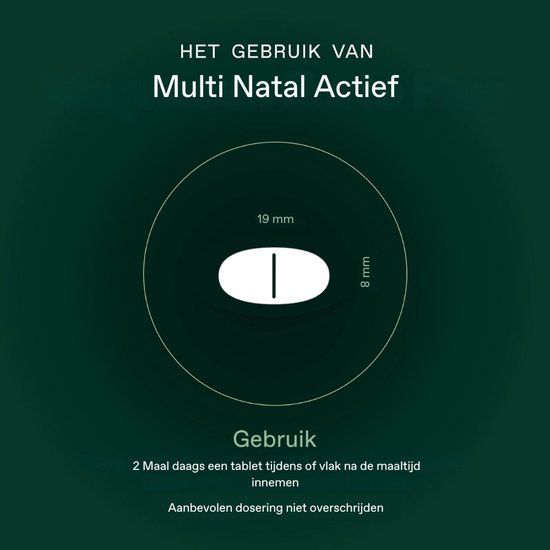 Illustratie van een witte, ovale tablet met een streep. Bonusan Multi Natal Actief: 2 maal daags een tablet.
