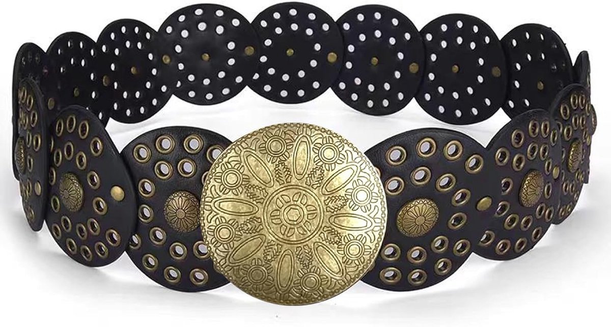 Brede schijfriem voor dames, boho westerse taille riem van hol leer, verstelbare maat damesriem van metaal, voor jurk, jeans, cowgirl