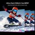 Kind skiet op snowboard met "Ultra-Fast 210Hz & 1ms MPRT". Beeld toont vloeibare beweging bij 210Hz, 100Hz, 60Hz.