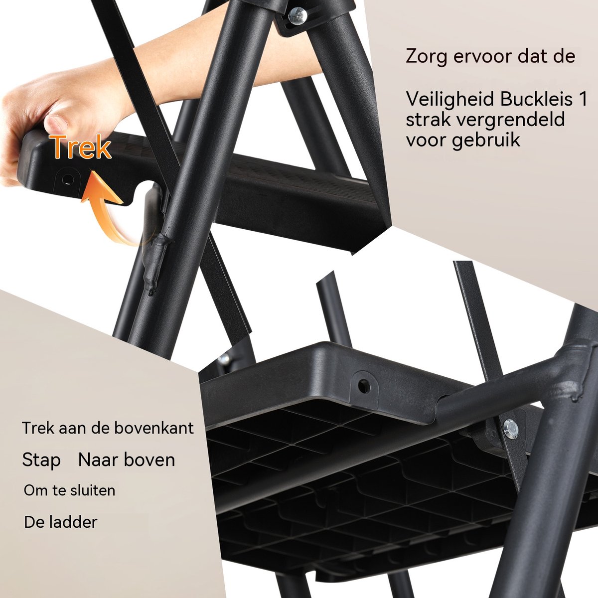 Inklapbare Trap - Keukentrap - Stalen Vouwladder-Huishoudtrap – Antislip –Met Leuning – Veiligheidsvergrendeling - 150 kg - Thuis - 4 Treden- Opvouwbaar-Zwart – foto 6