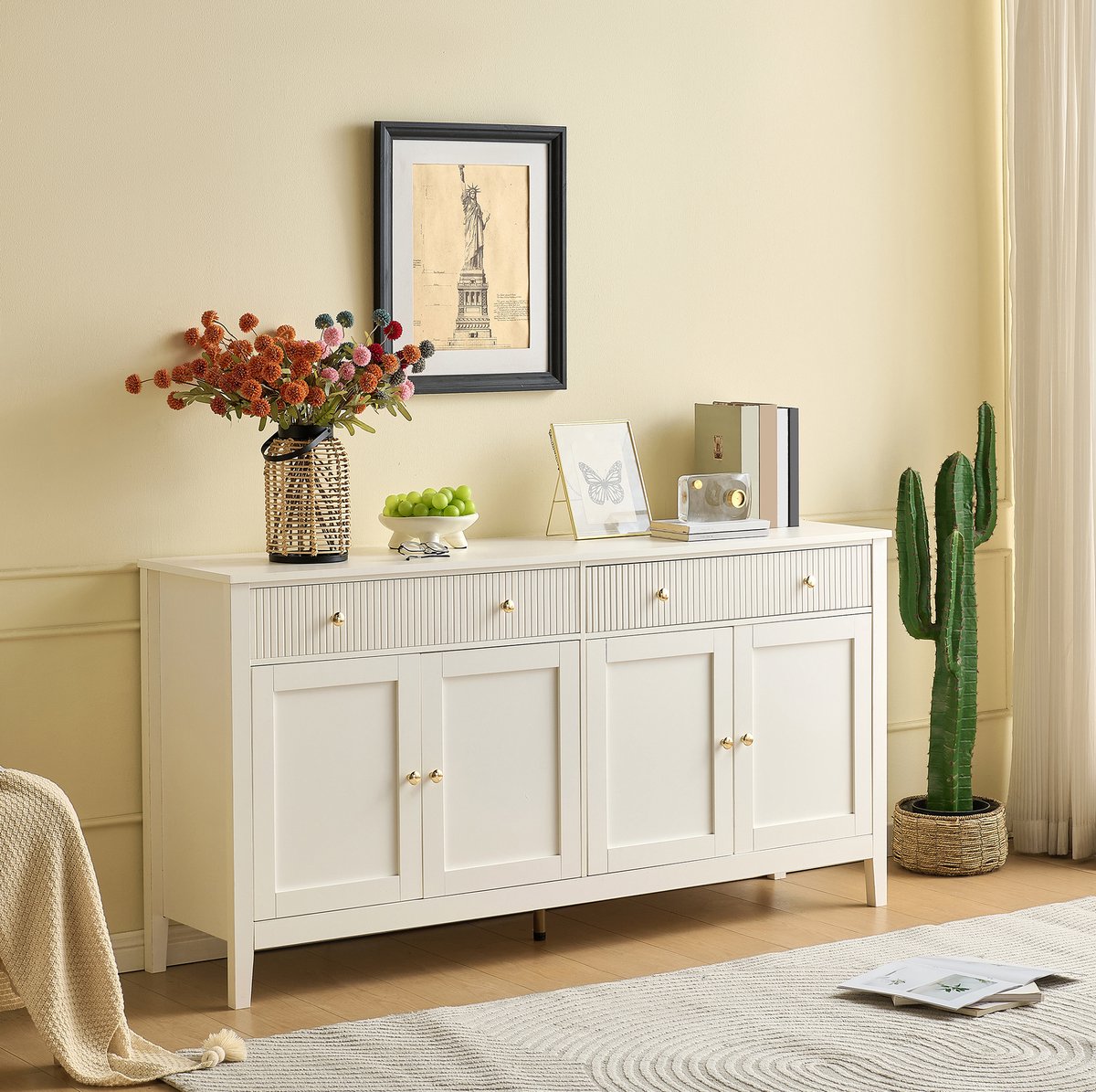 FloraGrace Dressoir - Witte Opbergkast Met 2 Lades En 4 Deuren - Voor Keuken Eetkamer En Woonkamer - MDF - 160x40x82 Cm