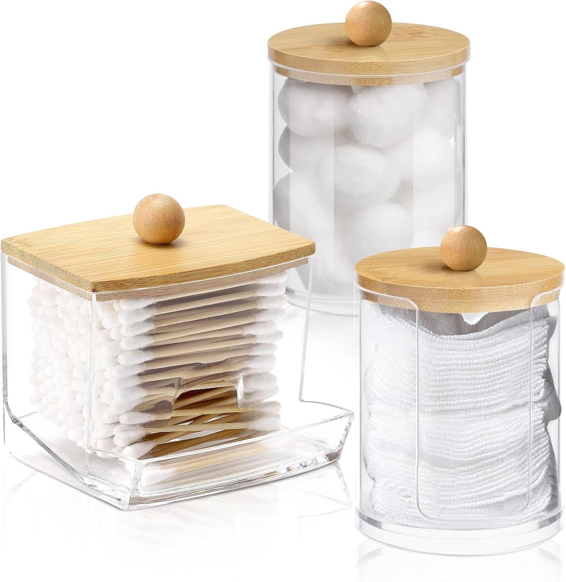 3 stuks katoenen dispensers, make-up pad-organizer, wattenstaafjes van acryl met bamboedeksel, badkamerorganizer voor cosmetica, wattenballen, Transparant