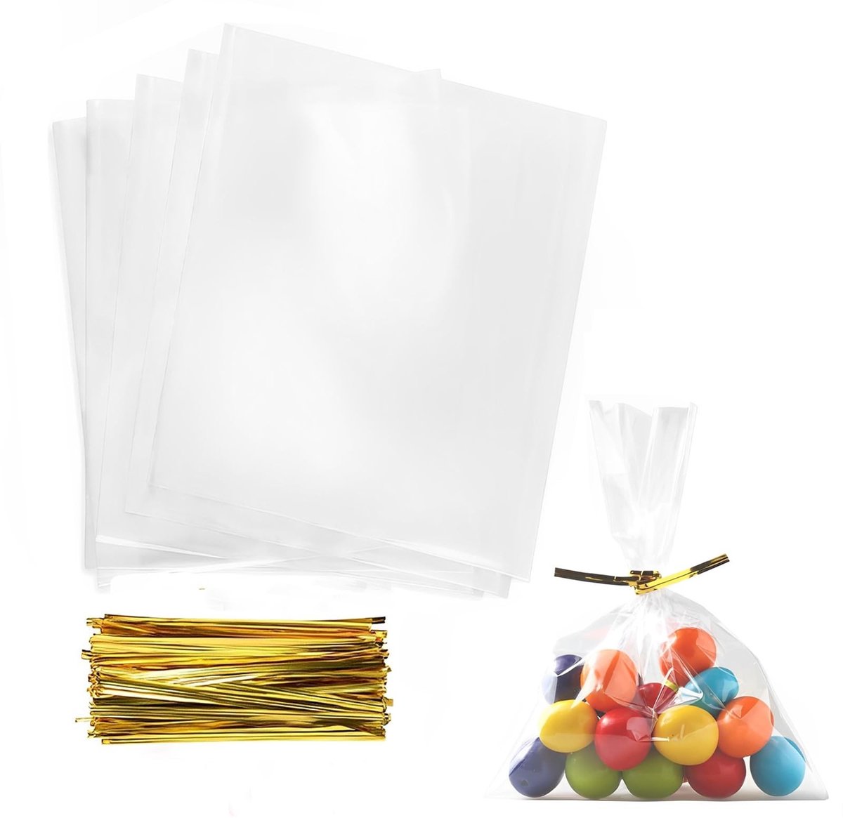 Dailygoods- Snoepzakjes 100 stuks - Doorzichtige cellofaanzakjes - Cadeauzakjes met strikjes - Voedselveilig - 15 x 10 cm - Perfect voor feestjes