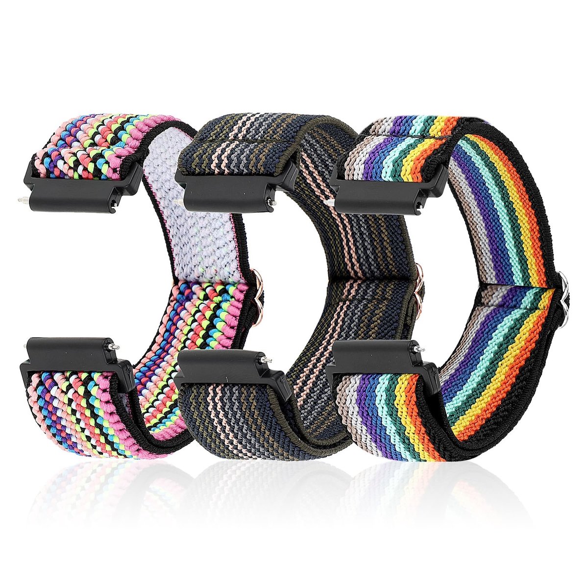 Dailygoods - Andibro 3 stuks elastische smartwatchband, compatibel met 20 mm horlogeband, vervangende polsband verstelbare elastische nylon solo-lusbandjes stof gevlochten sport rekbare banden voor mannen en
