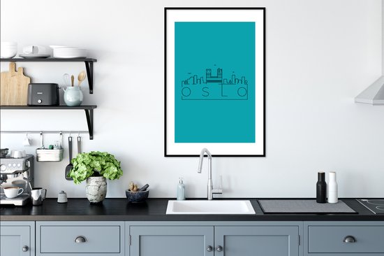 Poster in lijst - Fotolijst 60x90 cm - Posters - Skyline "Oslo" blauw - Posterlijst zwart - Decoratie - Wanddecoratie woonkamer - Muurdecoratie slaapkamer