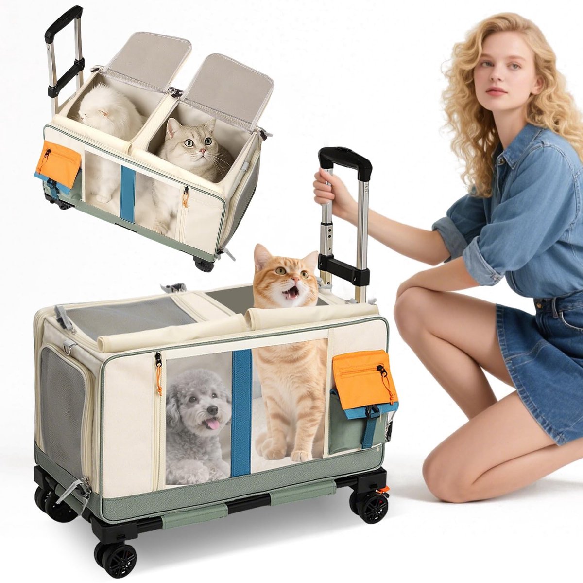 Dailygoods- Transportbox met wielen - Inklapbaar - Geschikt voor 2 katten - Veiligheidsgordel - Ruimtebesparend - Afmetingen 61 x 33 x 35 cm - Dierenvervoer
