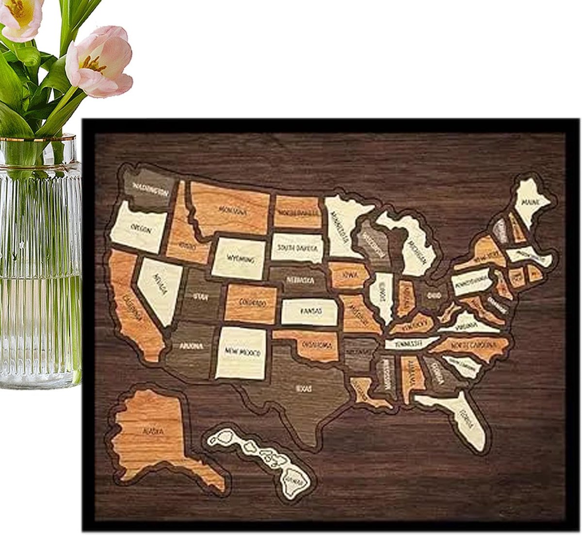 Houten kaart puzzel - Educatieve puzzel - Wereld ontdekken - Afneembare stukken - 31 x 26 cm - Meerkleurig