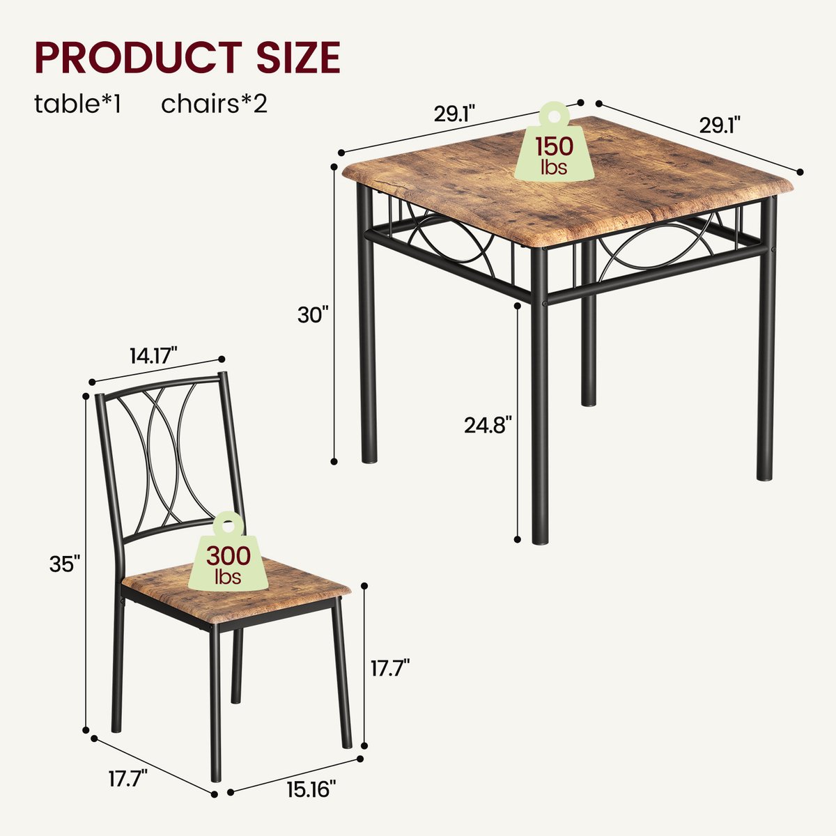 Eettafel Set - 74x74x76cm - Vierkante Tafel met 2 MDF-Stoelen - Voor 2 Personen - Geschikt voor Woonkamer Eetkamer of Appartement - Bruin – foto 6