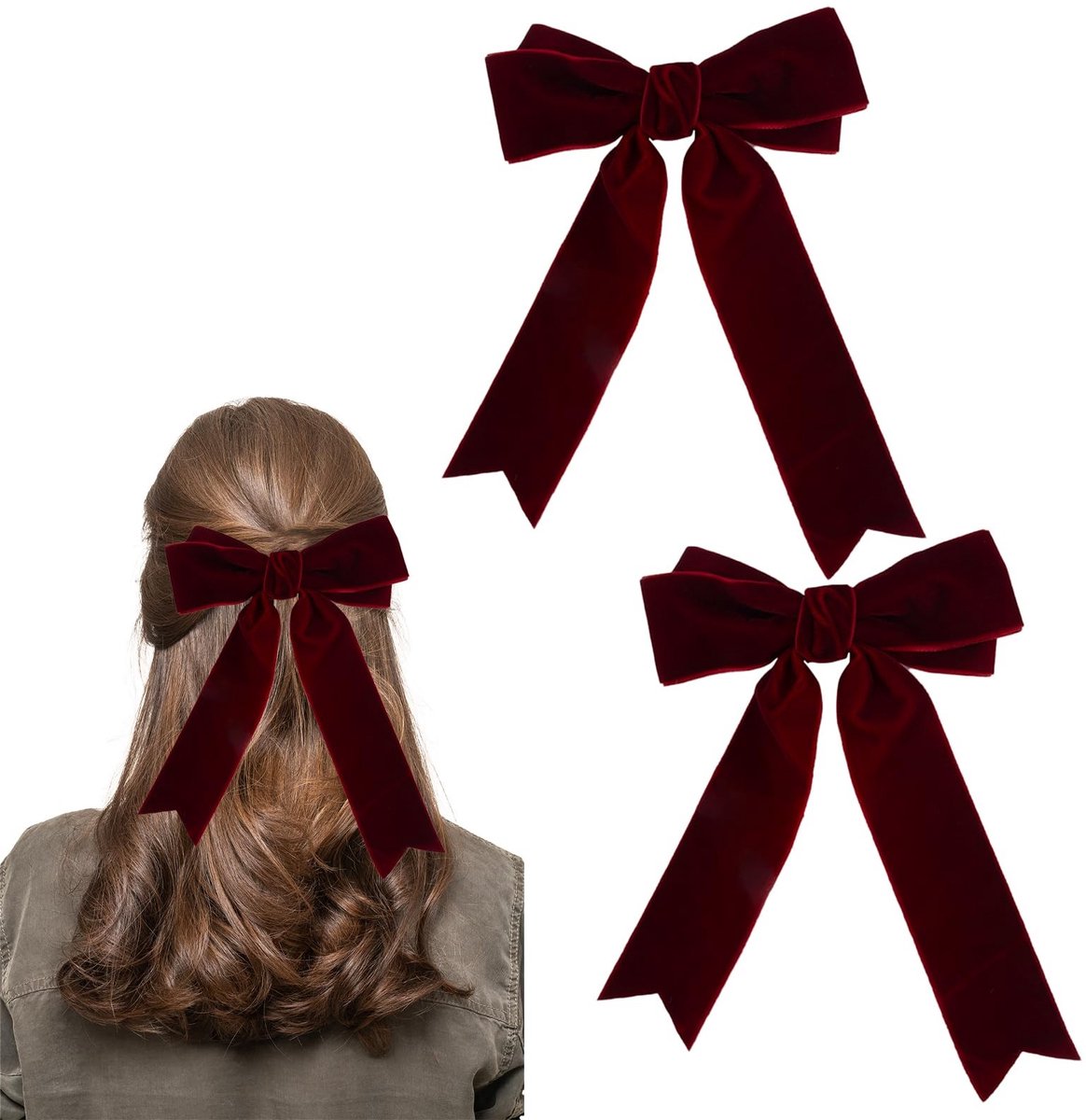 Solidchoice - GWAWG 2 stuks rode fluwelen strik haarclip, satijnen strik haarspelden met lang lint, Franse lint haarclip, vintage feesthaaraccessoires voor meisjes vrouwen, voor herfst en winter, voor
