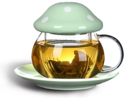 Paddestoel Theeglas - Mok met Deksel - Thee Zetten - Realistische Vorm - 11 Ounces - Groen