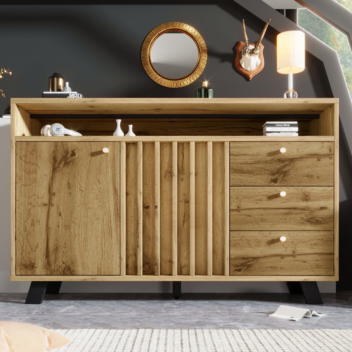 Commode met vijf laden - Ruim dressoir - Voldoende opbergruimte - Opbergkast - Multifunctionele kast - Twee deuren, drie laden - Commode met vijf laden (vrijstaand) - 120 x 40 x 85 cm - Draagvermogen blad: 50 kg - Donkere eikenkleur