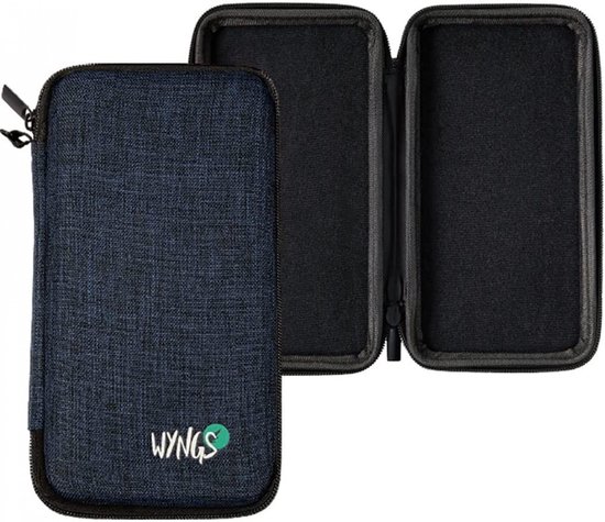 Blauw "WYNGS" etui, opengeklapt met rits aan de zijkant.