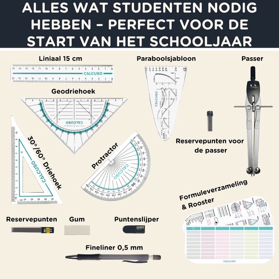 Geodriehoeken & Passer Set – Zwart etui met liniaal, gum, sjabloon en formules