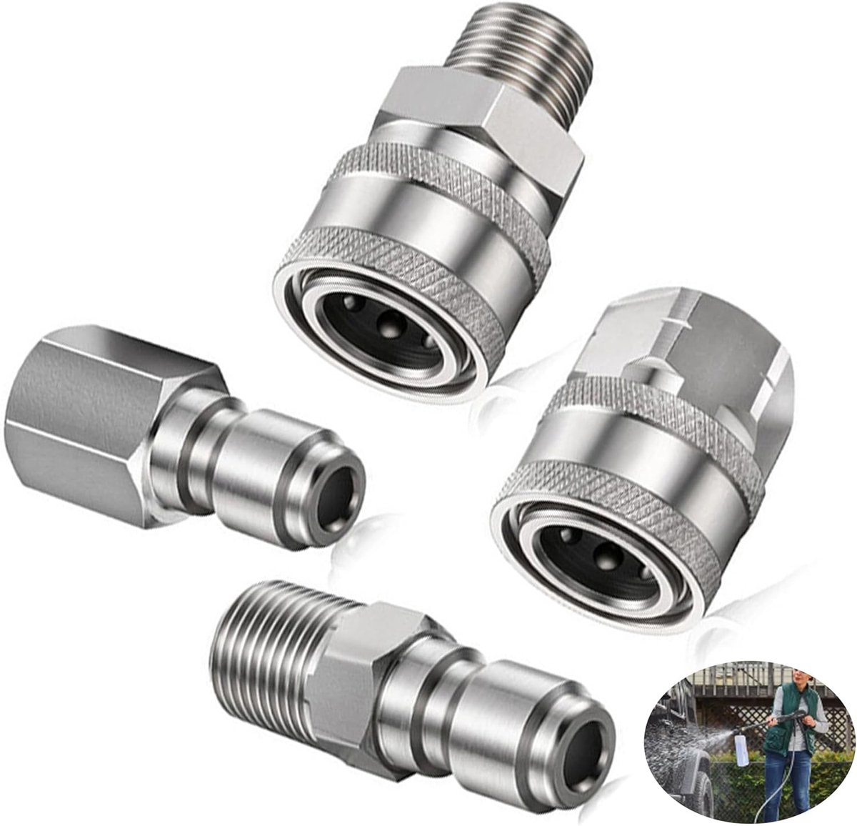 Allecto plus - Hogedrukreinigers koppeling 1/4 inch, snelkoppeling NPT 1/4 inch, verbindingsstukken voor hogedrukreiniger met binnendraad (zilver) - Tuin Schoonmaak Accessoires